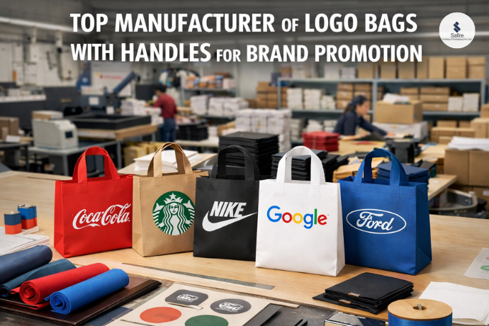 Custom logo bags with handles manufactured by Safire Printpack for brand promotion and retail packaging